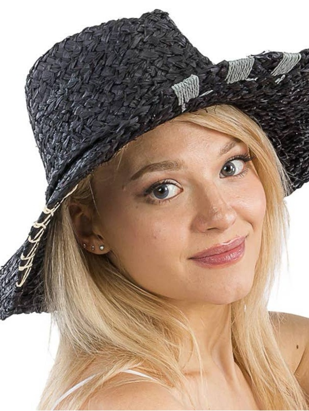 NWT Black Straw Hat Sun hat 100% paper hand Stitching details OS rancher floppy